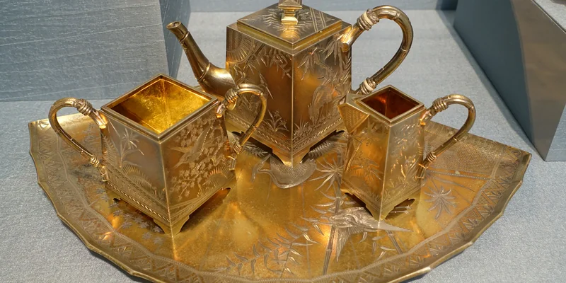 Victorian sterling silver tea service with matching tray by Edward Charles Brown, London 1879 — a full four-piece service including teapot, coffee pot, cream jug and sugar bowl on a hallmarked salver, the classic 19th-century sterling silver tea set with tray configuration